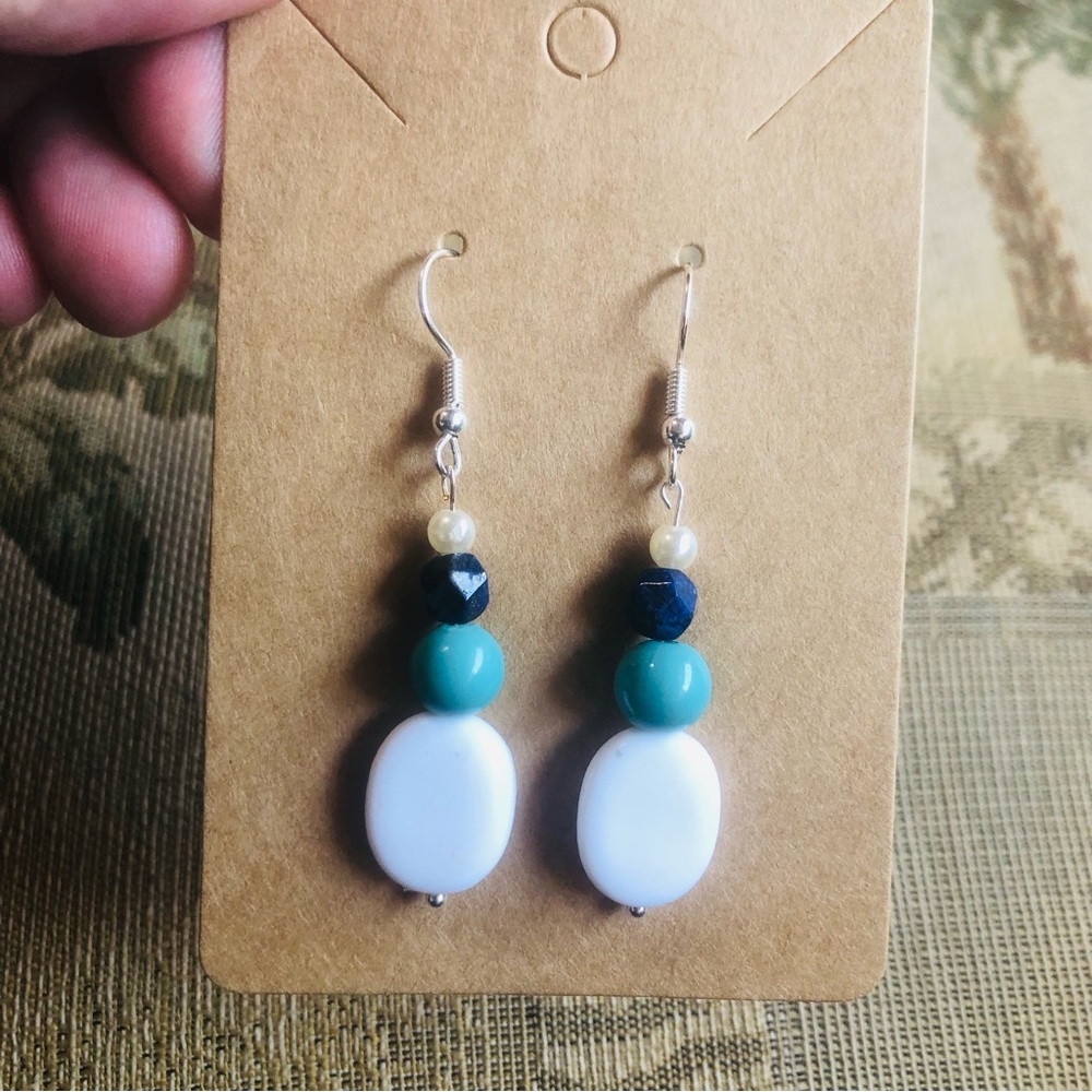 Handcrafted glass beads genuine stone sodalite dangle earrings - Picture 2 of 5